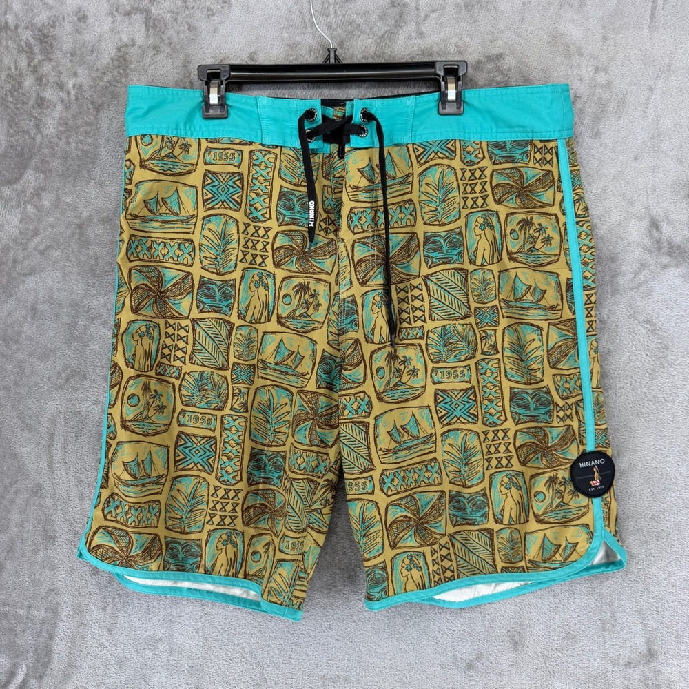 Hinano‎ Tahiti Mens 38 Board Shorts Tiki Polynesian Print Turquoise Tan Stretch